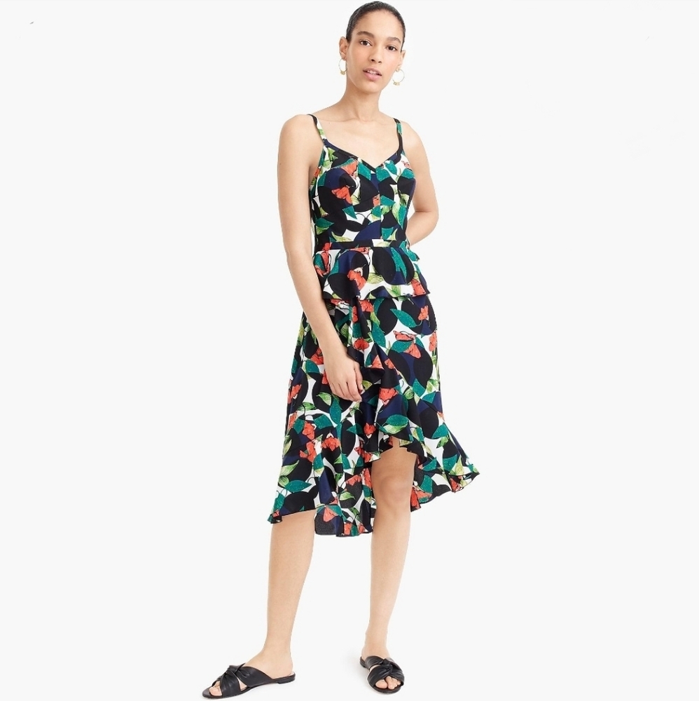 J.Crew Ruffle Spaghetti Strap Tropical Silk Dress